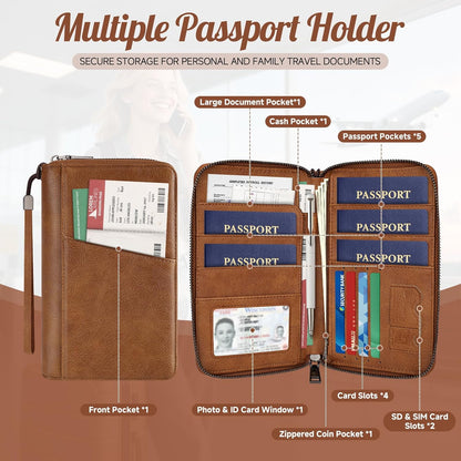Likesing Family Passport Holder for 4, RFID Multiple Passport Holder-Brown | Leather RFID Blocking Travel Passport Wallet with Zipper, Travel Document Organizer with Wrist Strap Card Slots for Women Men