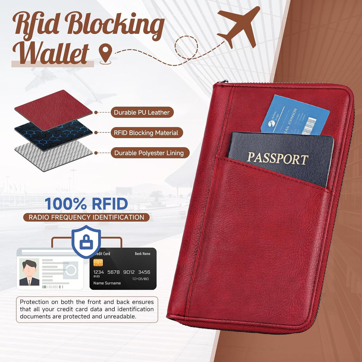 Likesing Family Passport Holder for 4, RFID Multiple Passport Holder-Brown | Leather RFID Blocking Travel Passport Wallet with Zipper, Travel Document Organizer with Wrist Strap Card Slots for Women Men