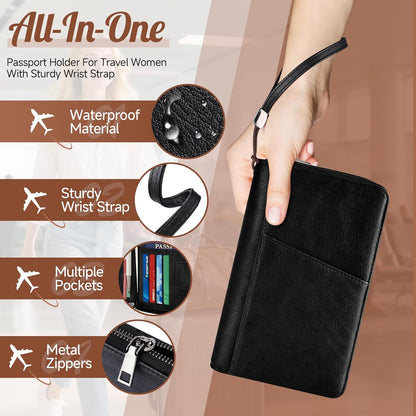 Likesing Family Passport Holder for 4, RFID Multiple Passport Holder-Brown | Leather RFID Blocking Travel Passport Wallet with Zipper, Travel Document Organizer with Wrist Strap Card Slots for Women Men