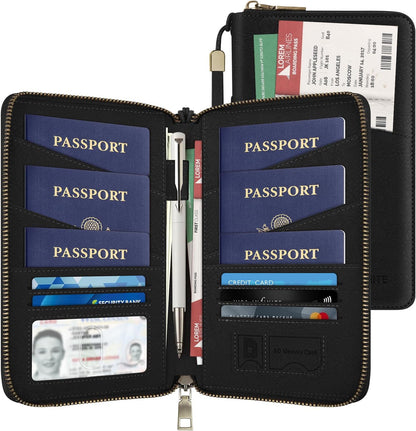 Likesing Family Passport Holder for 4, RFID Multiple Passport Holder-Brown | Leather RFID Blocking Travel Passport Wallet with Zipper, Travel Document Organizer with Wrist Strap Card Slots for Women Men