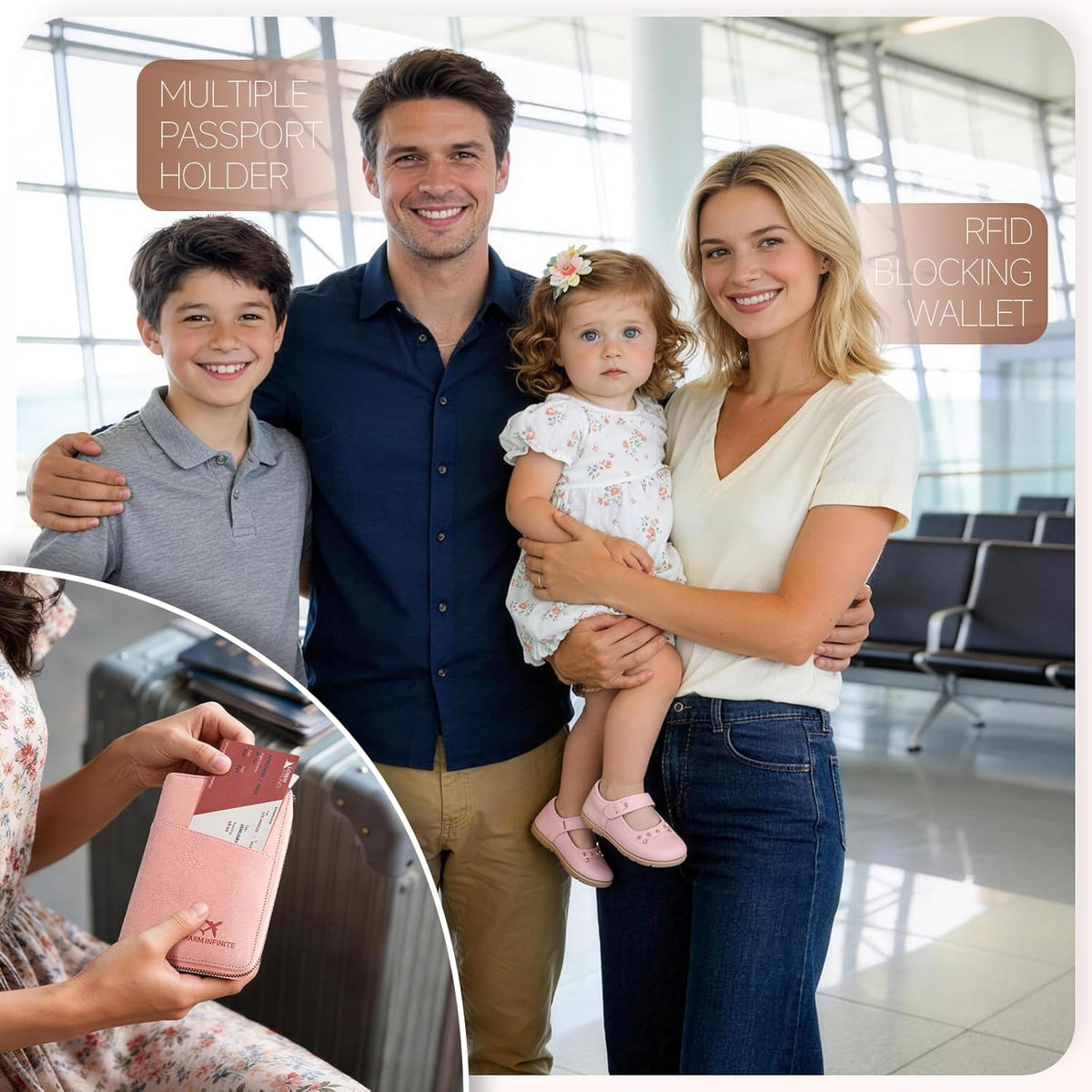 Likesing Family Passport Holder for 4, RFID Multiple Passport Holder-Brown | Leather RFID Blocking Travel Passport Wallet with Zipper, Travel Document Organizer with Wrist Strap Card Slots for Women Men
