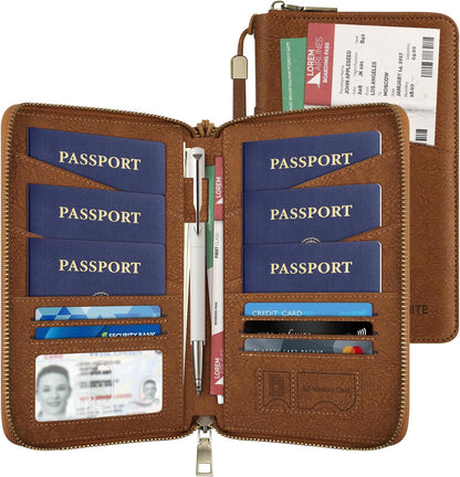 Likesing Family Passport Holder for 4, RFID Multiple Passport Holder-Brown | Leather RFID Blocking Travel Passport Wallet with Zipper, Travel Document Organizer with Wrist Strap Card Slots for Women Men