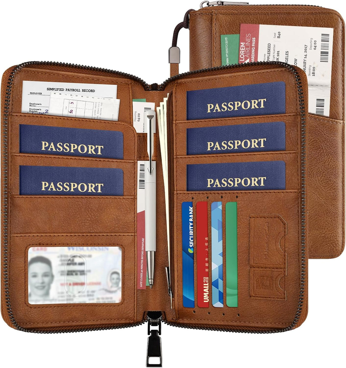 Likesing Family Passport Holder for 4, RFID Multiple Passport Holder-Brown | Leather RFID Blocking Travel Passport Wallet with Zipper, Travel Document Organizer with Wrist Strap Card Slots for Women Men