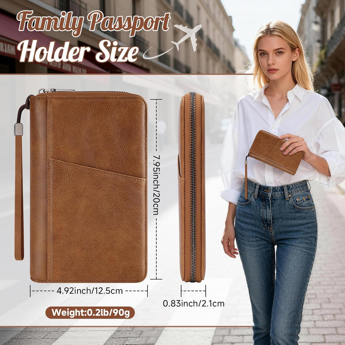 Likesing Family Passport Holder for 4, RFID Multiple Passport Holder-Brown | Leather RFID Blocking Travel Passport Wallet with Zipper, Travel Document Organizer with Wrist Strap Card Slots for Women Men