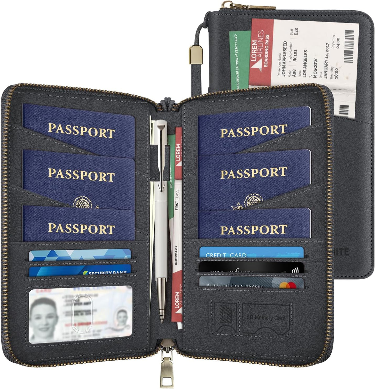 Likesing Family Passport Holder for 4, RFID Multiple Passport Holder-Brown | Leather RFID Blocking Travel Passport Wallet with Zipper, Travel Document Organizer with Wrist Strap Card Slots for Women Men
