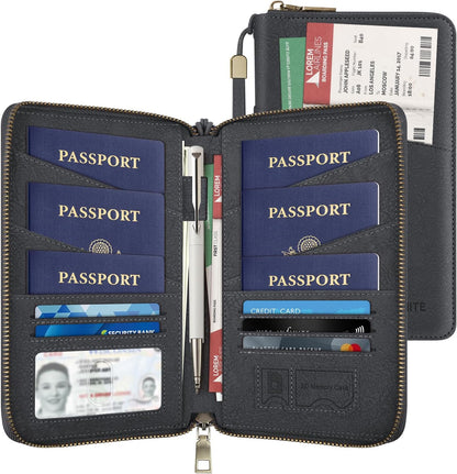 Likesing Family Passport Holder for 4, RFID Multiple Passport Holder-Brown | Leather RFID Blocking Travel Passport Wallet with Zipper, Travel Document Organizer with Wrist Strap Card Slots for Women Men