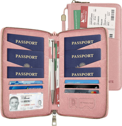 Likesing Family Passport Holder for 4, RFID Multiple Passport Holder-Brown | Leather RFID Blocking Travel Passport Wallet with Zipper, Travel Document Organizer with Wrist Strap Card Slots for Women Men