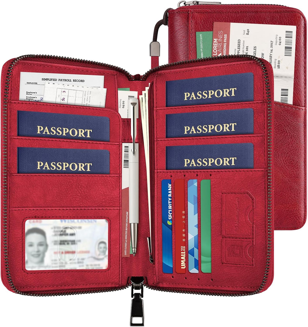 Likesing Family Passport Holder for 4, RFID Multiple Passport Holder-Brown | Leather RFID Blocking Travel Passport Wallet with Zipper, Travel Document Organizer with Wrist Strap Card Slots for Women Men
