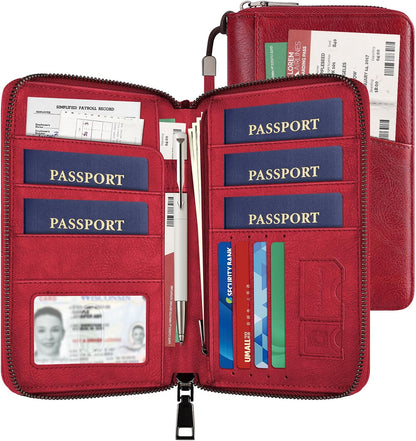 Likesing Family Passport Holder for 4, RFID Multiple Passport Holder-Brown | Leather RFID Blocking Travel Passport Wallet with Zipper, Travel Document Organizer with Wrist Strap Card Slots for Women Men
