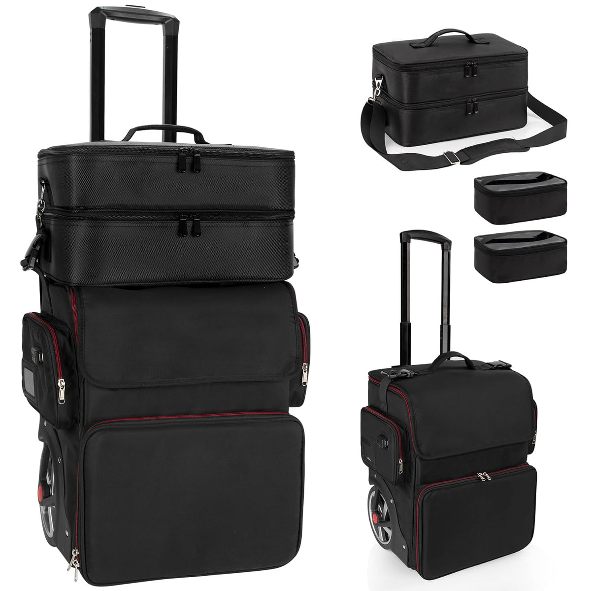 Large Makeup Train Case with 4 Travel Makeup Bags Set, Cosmetic Case for Hairstylist, Hairdresser Storage Bag with Detachable Pouch, Heat Insulation and Anti-Scalding Full Layer