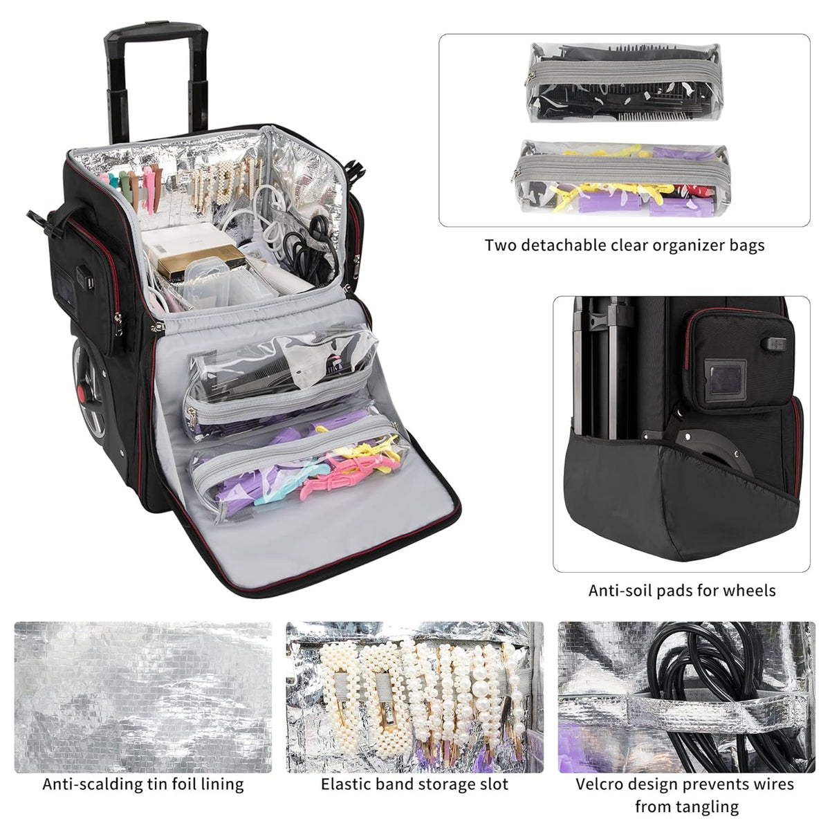 Large Makeup Train Case with 4 Travel Makeup Bags Set, Cosmetic Case for Hairstylist, Hairdresser Storage Bag with Detachable Pouch, Heat Insulation and Anti-Scalding Full Layer