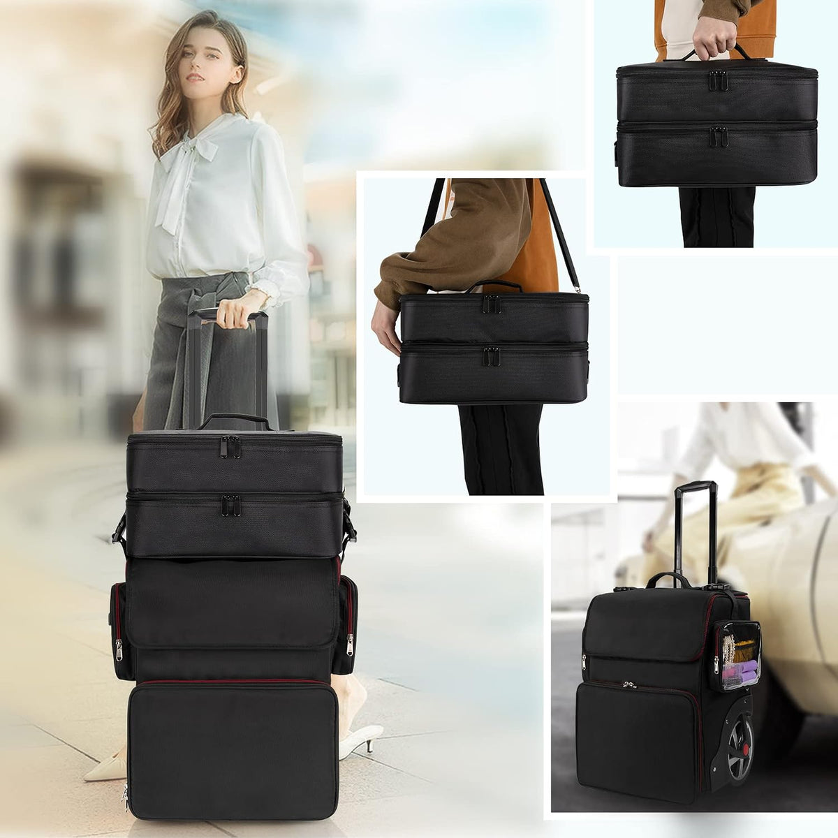 Large Makeup Train Case with 4 Travel Makeup Bags Set, Cosmetic Case for Hairstylist, Hairdresser Storage Bag with Detachable Pouch, Heat Insulation and Anti-Scalding Full Layer