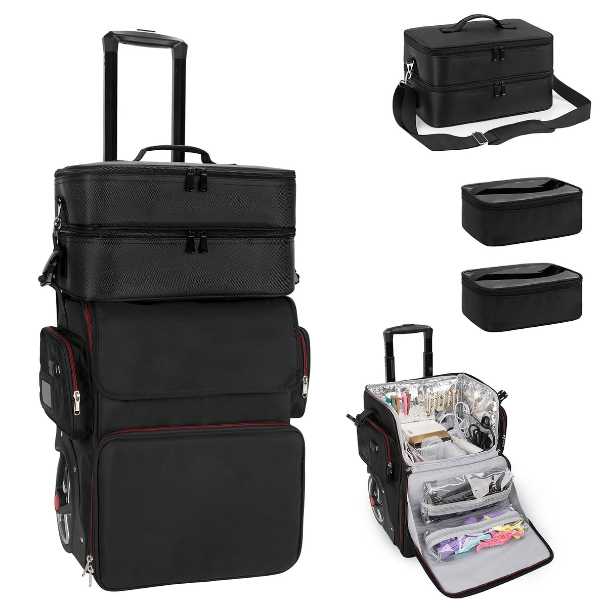 Large Makeup Train Case with 4 Travel Makeup Bags Set, Cosmetic Case for Hairstylist, Hairdresser Storage Bag with Detachable Pouch, Heat Insulation and Anti-Scalding Full Layer