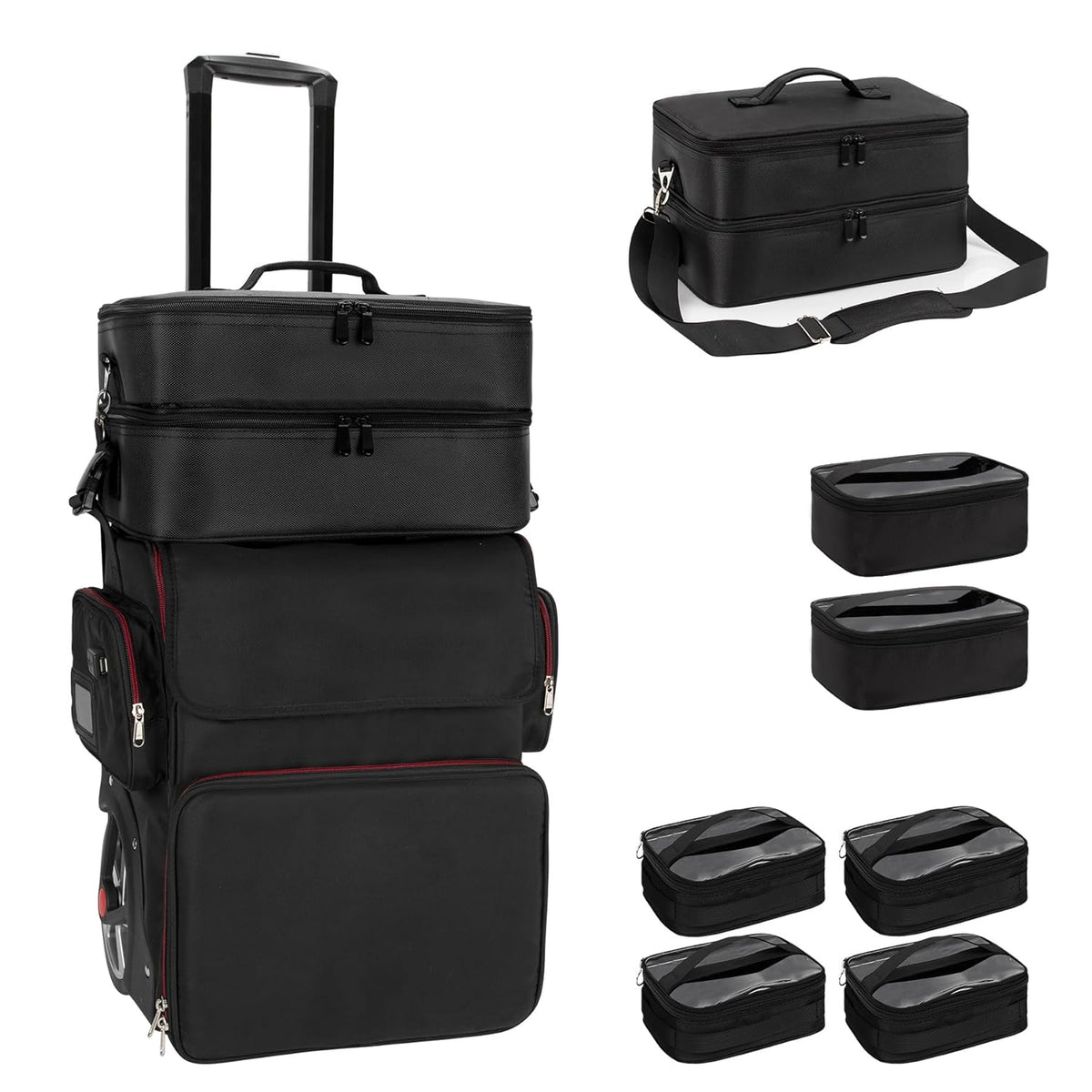 Large Makeup Train Case with 4 Travel Makeup Bags Set, Cosmetic Case for Hairstylist, Hairdresser Storage Bag with Detachable Pouch, Heat Insulation and Anti-Scalding Full Layer