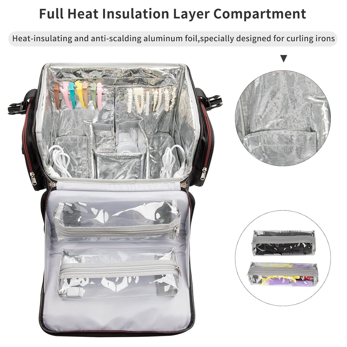 Large Makeup Train Case with 4 Travel Makeup Bags Set, Cosmetic Case for Hairstylist, Hairdresser Storage Bag with Detachable Pouch, Heat Insulation and Anti-Scalding Full Layer