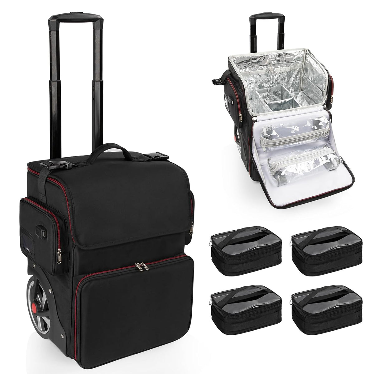 Large Makeup Train Case with 4 Travel Makeup Bags Set, Cosmetic Case for Hairstylist, Hairdresser Storage Bag with Detachable Pouch, Heat Insulation and Anti-Scalding Full Layer