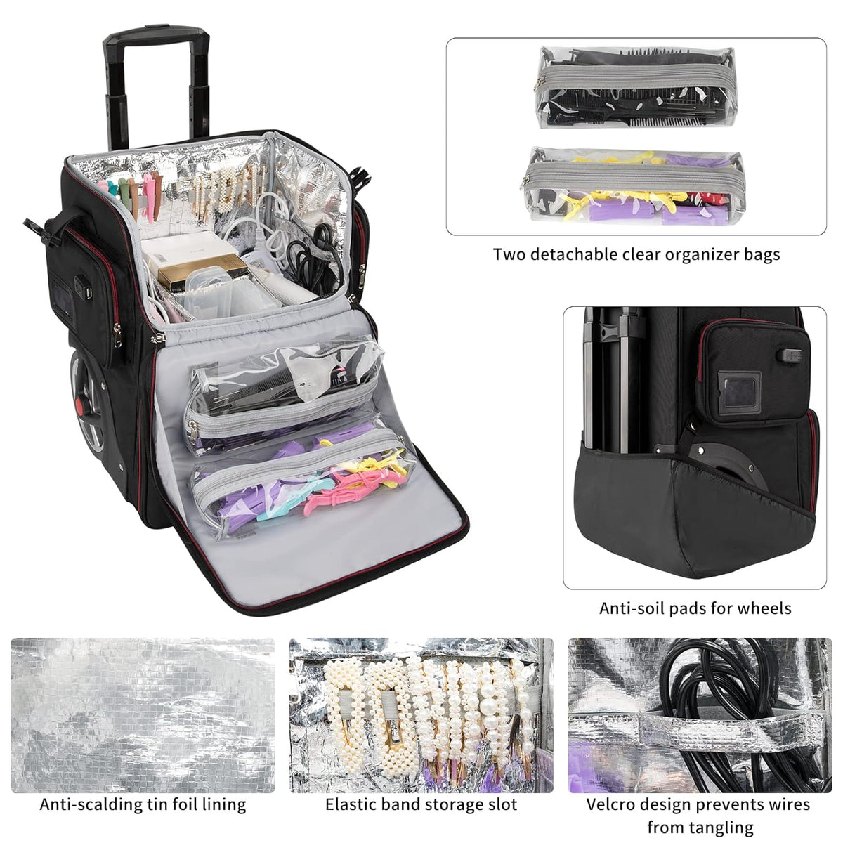 Large Makeup Train Case with 4 Travel Makeup Bags Set, Cosmetic Case for Hairstylist, Hairdresser Storage Bag with Detachable Pouch, Heat Insulation and Anti-Scalding Full Layer