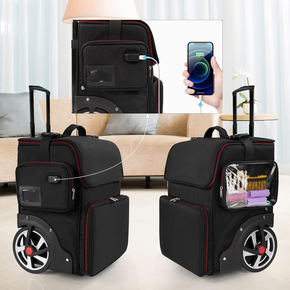 Large Makeup Train Case with 4 Travel Makeup Bags Set, Cosmetic Case for Hairstylist, Hairdresser Storage Bag with Detachable Pouch, Heat Insulation and Anti-Scalding Full Layer