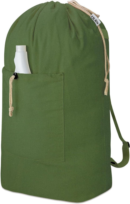 Laundry Bag Backpack, Canvas Laundry Bag with Straps & Drawstring Closure Washable Dirty Cloth Hamper Bag with Large Front Pocket for College, Travel, Laundromat, Camping (Beige)