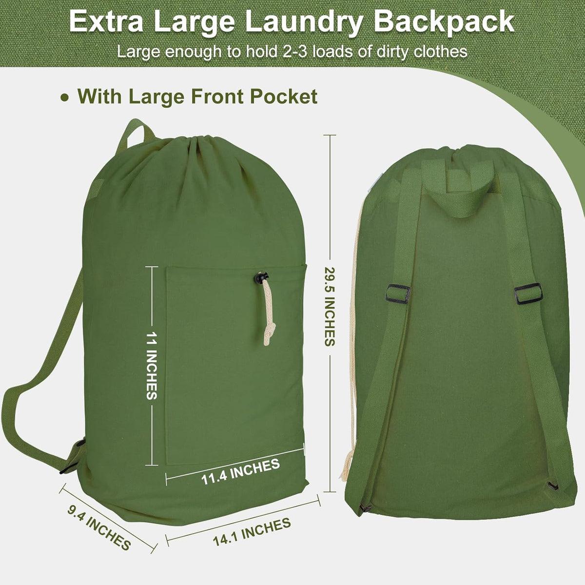 Laundry Bag Backpack, Canvas Laundry Bag with Straps & Drawstring Closure Washable Dirty Cloth Hamper Bag with Large Front Pocket for College, Travel, Laundromat, Camping (Beige)
