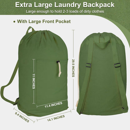 Laundry Bag Backpack, Canvas Laundry Bag with Straps & Drawstring Closure Washable Dirty Cloth Hamper Bag with Large Front Pocket for College, Travel, Laundromat, Camping (Beige)