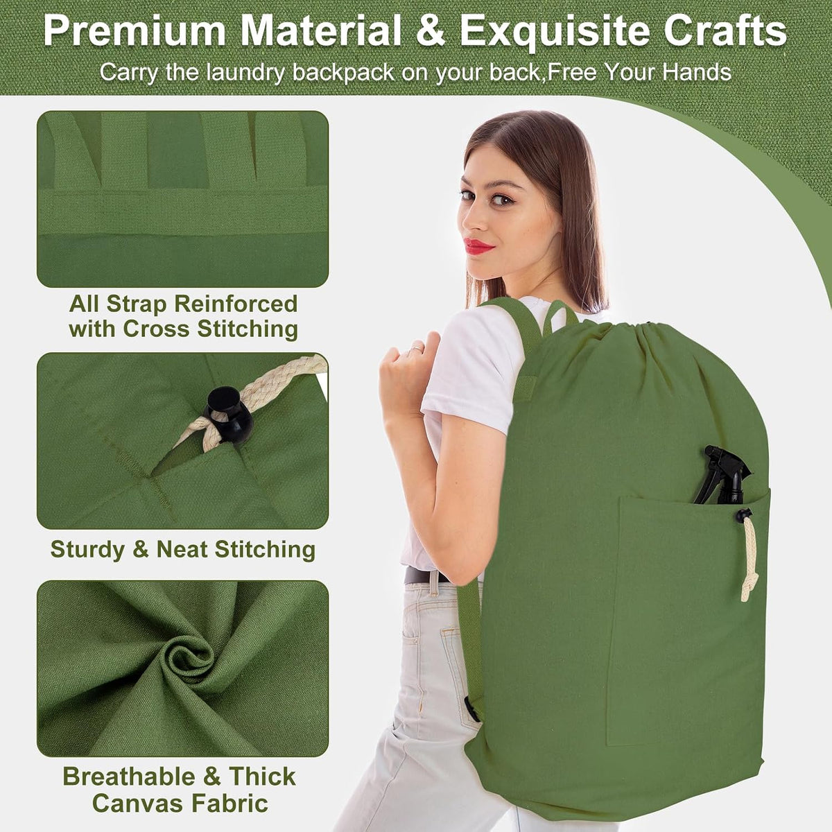 Laundry Bag Backpack, Canvas Laundry Bag with Straps & Drawstring Closure Washable Dirty Cloth Hamper Bag with Large Front Pocket for College, Travel, Laundromat, Camping (Beige)