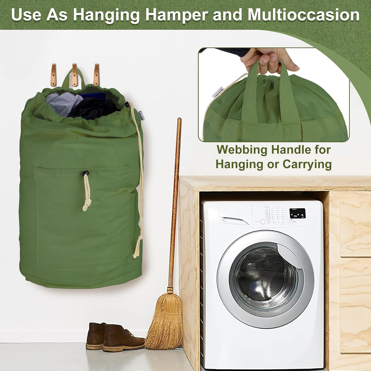 Laundry Bag Backpack, Canvas Laundry Bag with Straps & Drawstring Closure Washable Dirty Cloth Hamper Bag with Large Front Pocket for College, Travel, Laundromat, Camping (Beige)