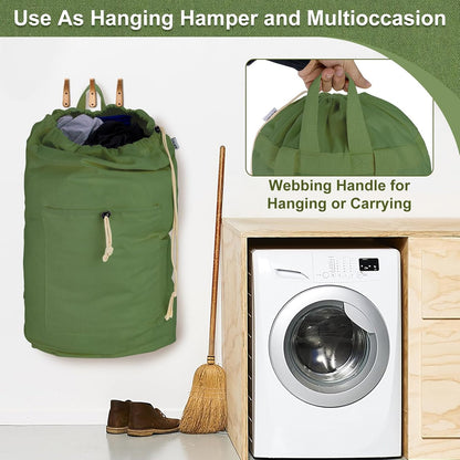 Laundry Bag Backpack, Canvas Laundry Bag with Straps & Drawstring Closure Washable Dirty Cloth Hamper Bag with Large Front Pocket for College, Travel, Laundromat, Camping (Beige)