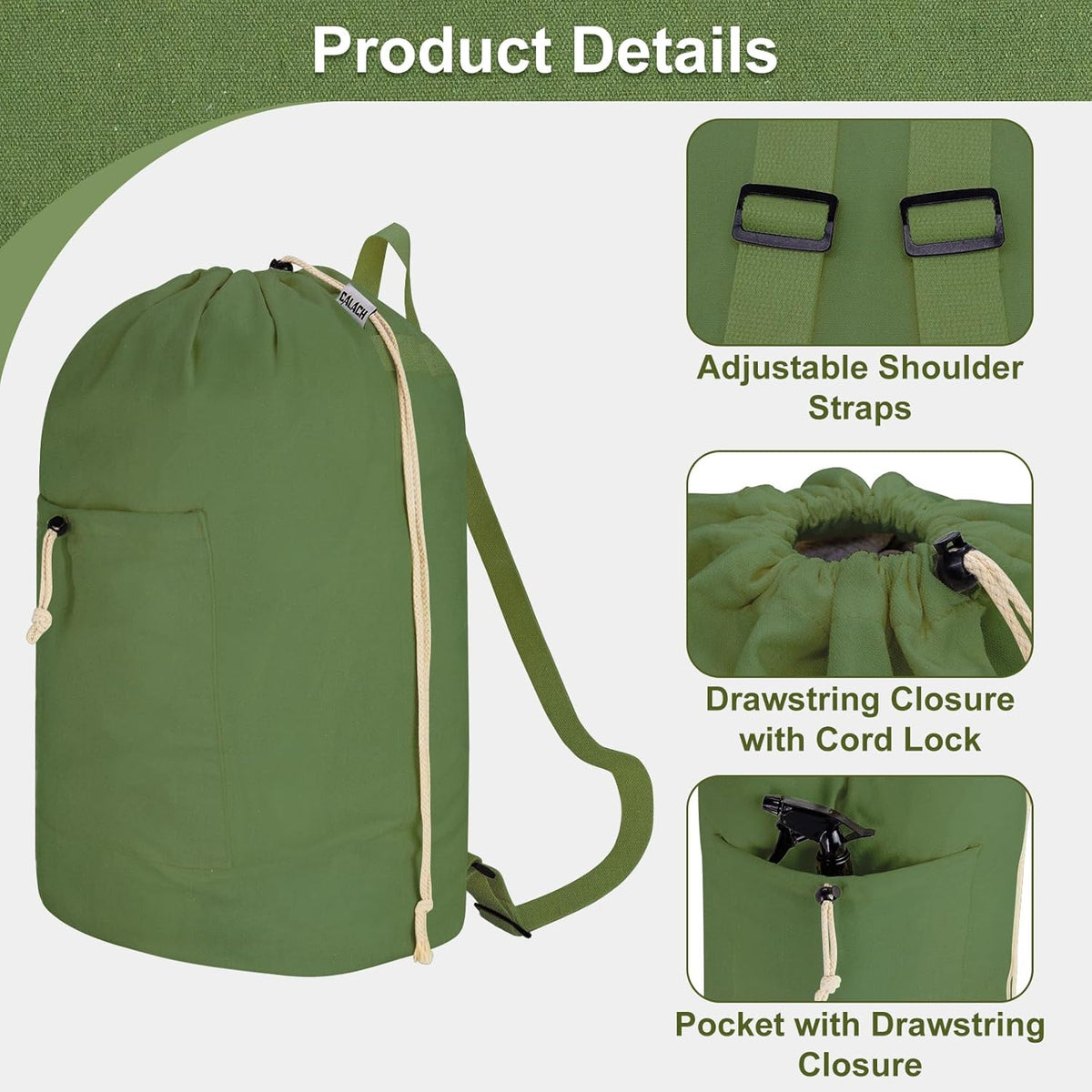 Laundry Bag Backpack, Canvas Laundry Bag with Straps & Drawstring Closure Washable Dirty Cloth Hamper Bag with Large Front Pocket for College, Travel, Laundromat, Camping (Beige)