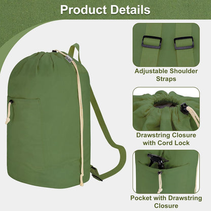 Laundry Bag Backpack, Canvas Laundry Bag with Straps & Drawstring Closure Washable Dirty Cloth Hamper Bag with Large Front Pocket for College, Travel, Laundromat, Camping (Beige)