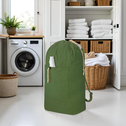 Laundry Bag Backpack, Canvas Laundry Bag with Straps & Drawstring Closure Washable Dirty Cloth Hamper Bag with Large Front Pocket for College, Travel, Laundromat, Camping (Beige)