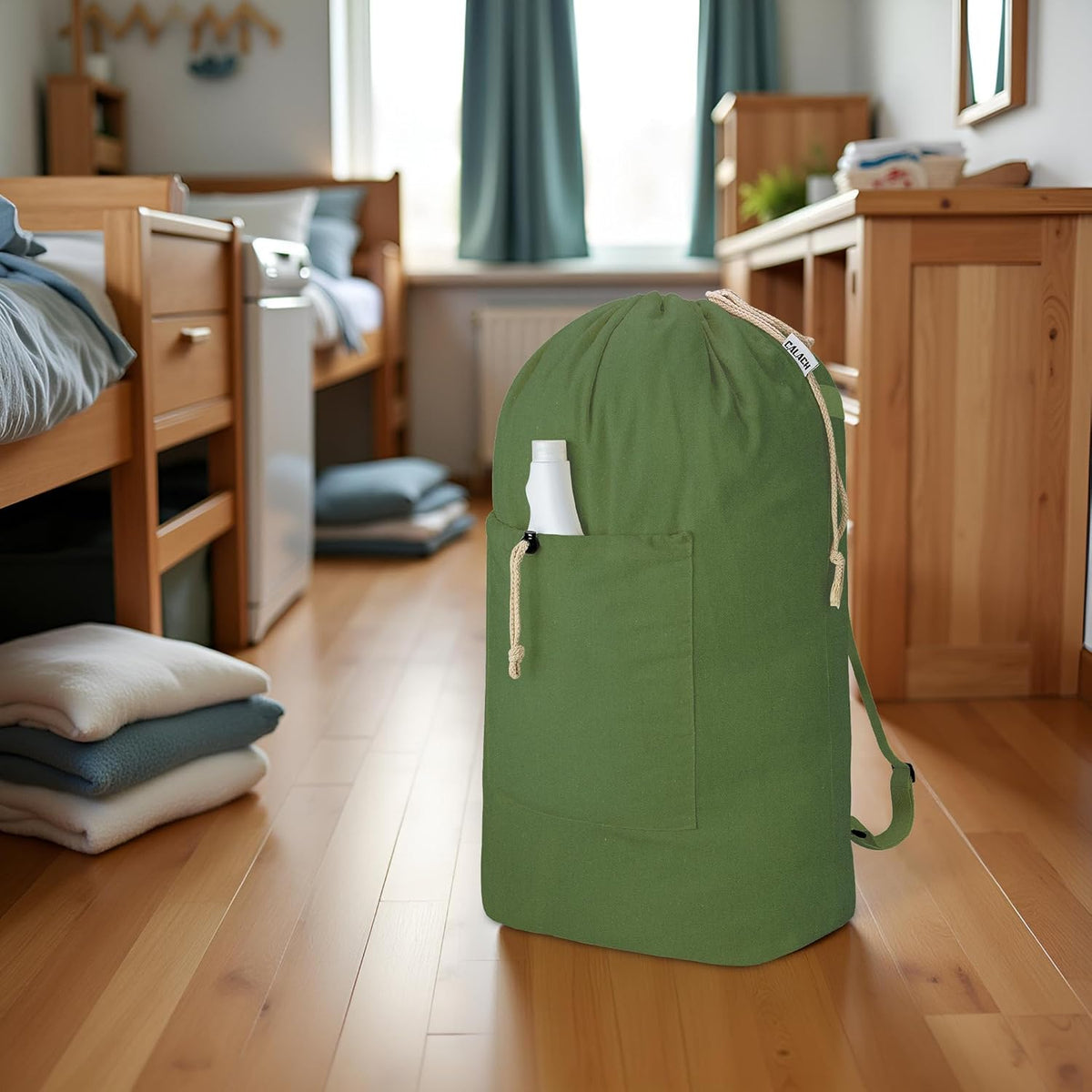 Laundry Bag Backpack, Canvas Laundry Bag with Straps & Drawstring Closure Washable Dirty Cloth Hamper Bag with Large Front Pocket for College, Travel, Laundromat, Camping (Beige)