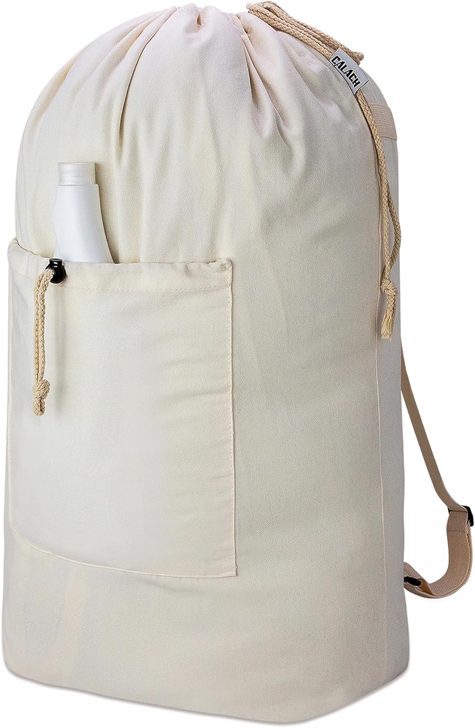 Laundry Bag Backpack, Canvas Laundry Bag with Straps & Drawstring Closure Washable Dirty Cloth Hamper Bag with Large Front Pocket for College, Travel, Laundromat, Camping (Beige)