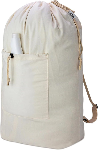 Laundry Bag Backpack, Canvas Laundry Bag with Straps & Drawstring Closure Washable Dirty Cloth Hamper Bag with Large Front Pocket for College, Travel, Laundromat, Camping (Beige)