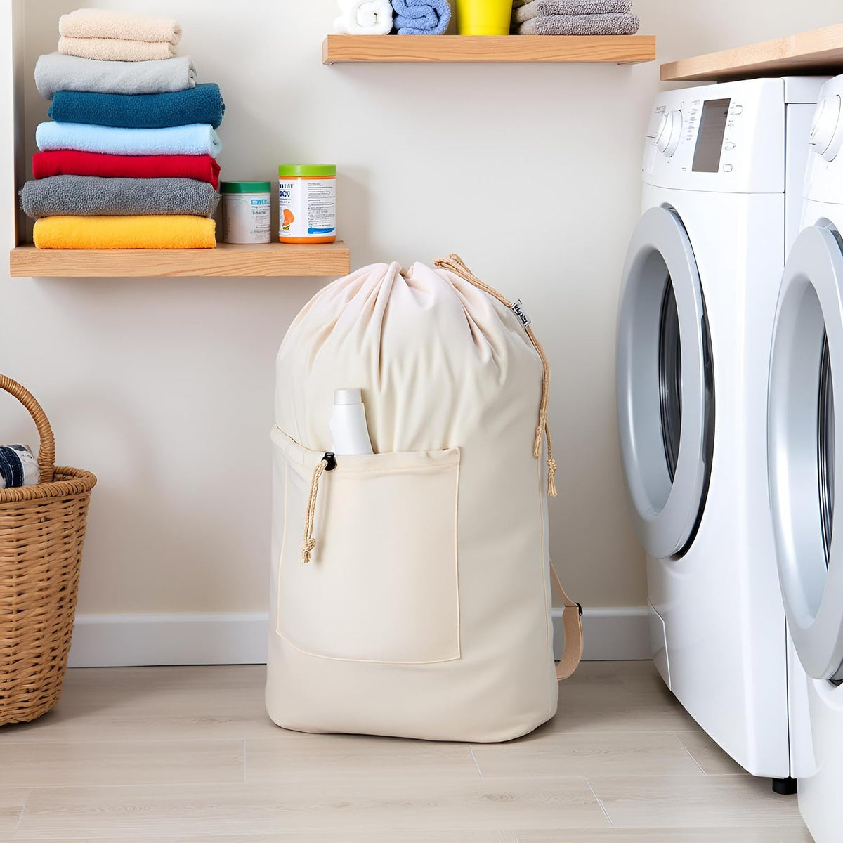 Laundry Bag Backpack, Canvas Laundry Bag with Straps & Drawstring Closure Washable Dirty Cloth Hamper Bag with Large Front Pocket for College, Travel, Laundromat, Camping (Beige)