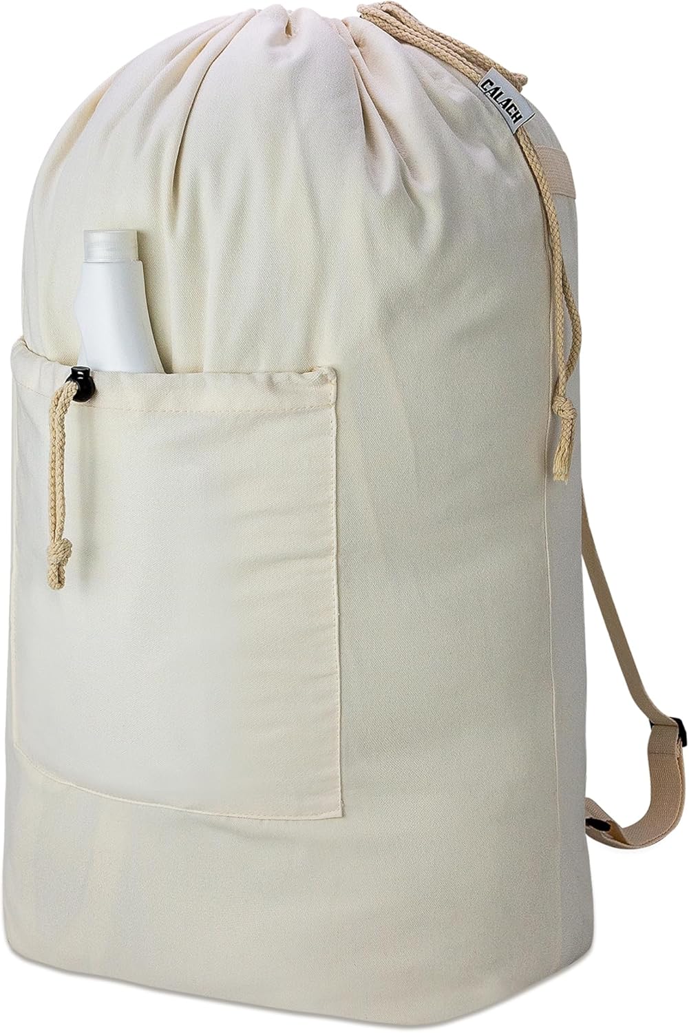 Laundry Bag Backpack, Canvas Laundry Bag with Straps & Drawstring Closure Washable Dirty Cloth Hamper Bag with Large Front Pocket for College, Travel, Laundromat, Camping (Beige)
