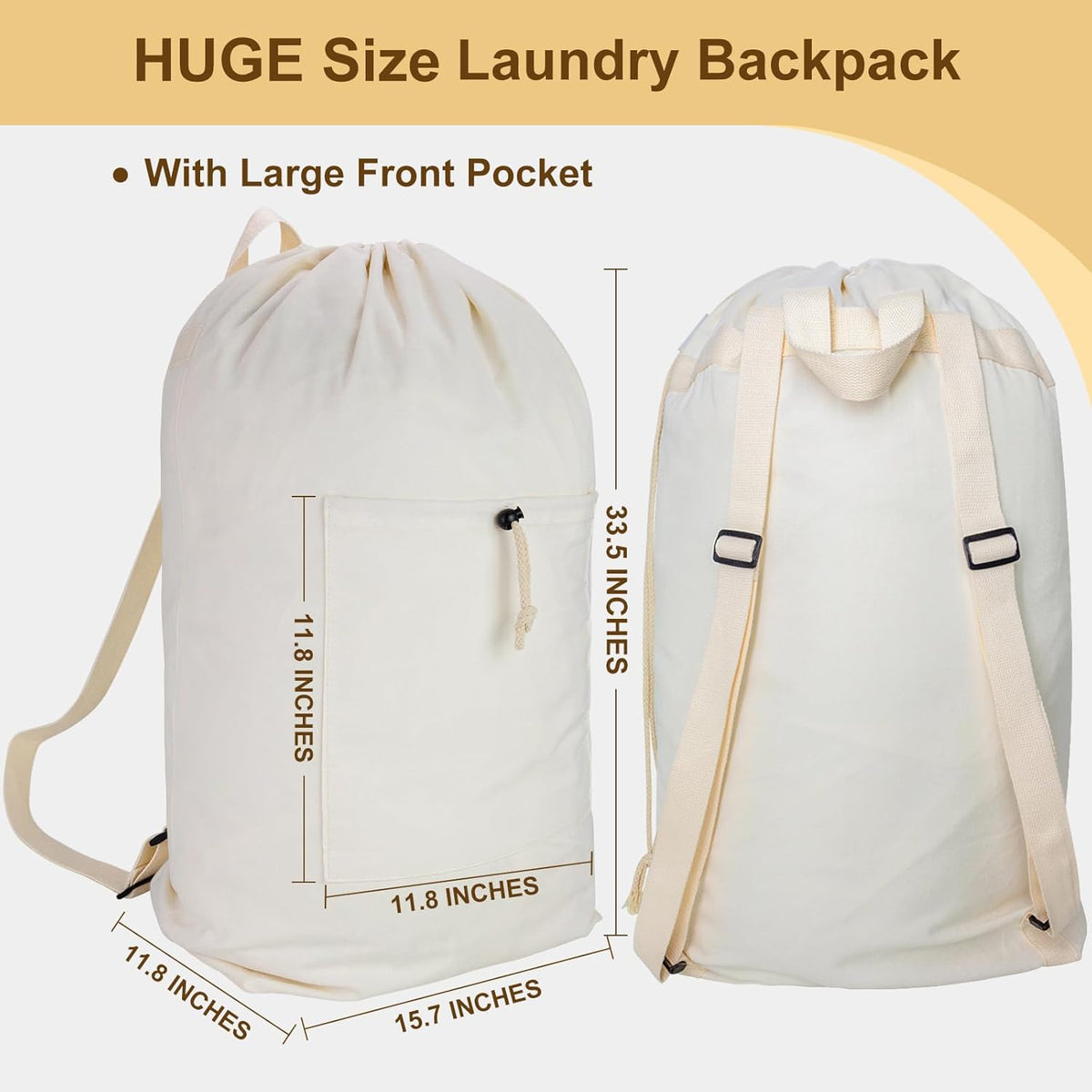 Laundry Bag Backpack, Canvas Laundry Bag with Straps & Drawstring Closure Washable Dirty Cloth Hamper Bag with Large Front Pocket for College, Travel, Laundromat, Camping (Beige)