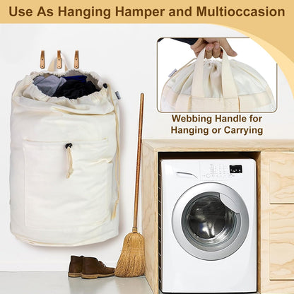 Laundry Bag Backpack, Canvas Laundry Bag with Straps & Drawstring Closure Washable Dirty Cloth Hamper Bag with Large Front Pocket for College, Travel, Laundromat, Camping (Beige)