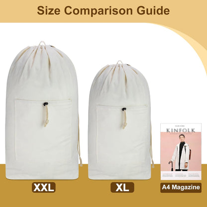Laundry Bag Backpack, Canvas Laundry Bag with Straps & Drawstring Closure Washable Dirty Cloth Hamper Bag with Large Front Pocket for College, Travel, Laundromat, Camping (Beige)