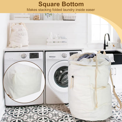 Laundry Bag Backpack, Canvas Laundry Bag with Straps & Drawstring Closure Washable Dirty Cloth Hamper Bag with Large Front Pocket for College, Travel, Laundromat, Camping (Beige)