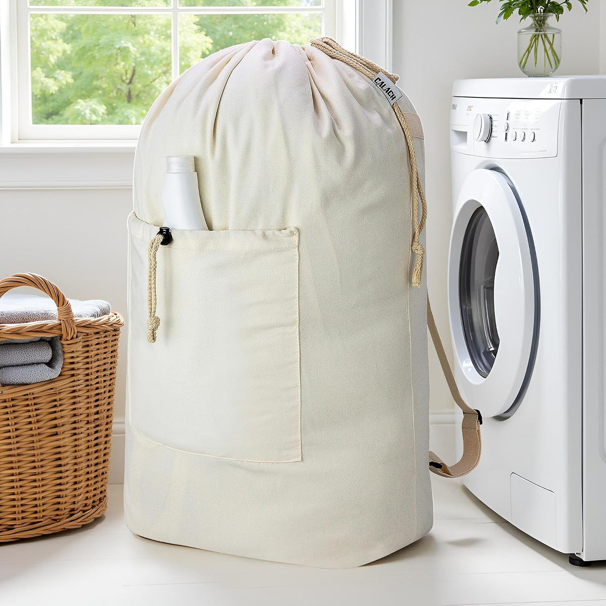 Laundry Bag Backpack, Canvas Laundry Bag with Straps & Drawstring Closure Washable Dirty Cloth Hamper Bag with Large Front Pocket for College, Travel, Laundromat, Camping (Beige)