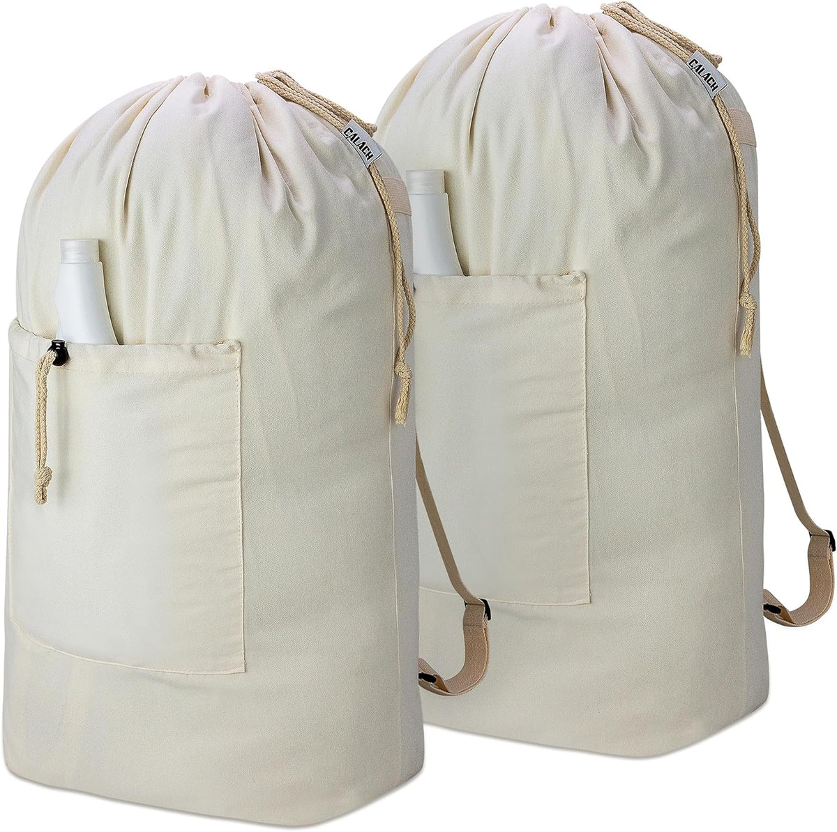 Laundry Bag Backpack, Canvas Laundry Bag with Straps & Drawstring Closure Washable Dirty Cloth Hamper Bag with Large Front Pocket for College, Travel, Laundromat, Camping (Beige)