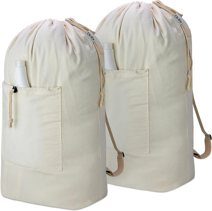 Laundry Bag Backpack, Canvas Laundry Bag with Straps & Drawstring Closure Washable Dirty Cloth Hamper Bag with Large Front Pocket for College, Travel, Laundromat, Camping (Beige)