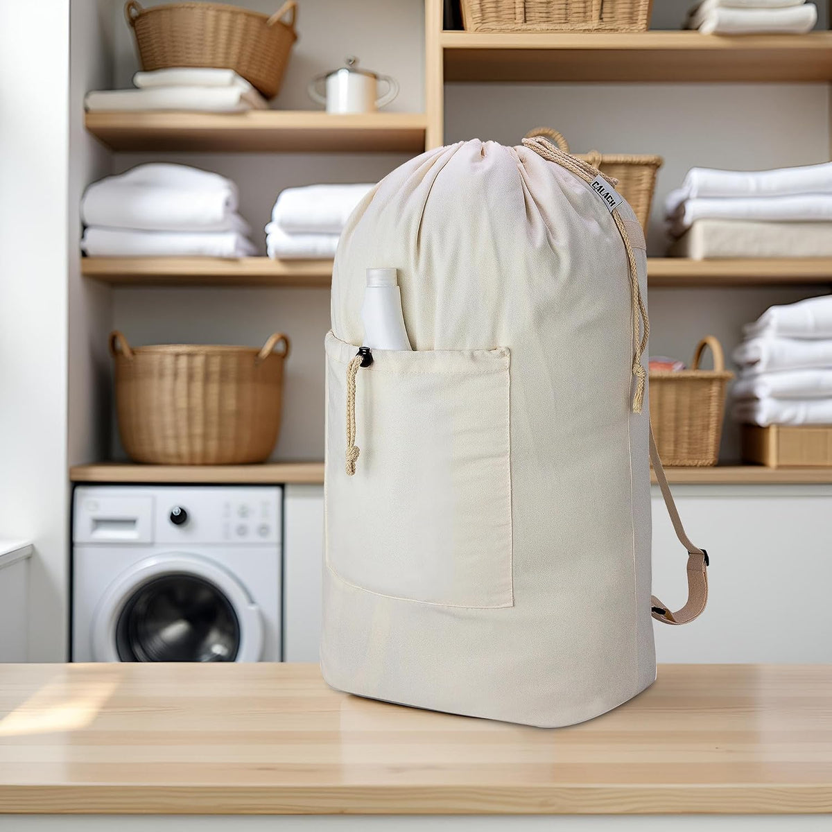 Laundry Bag Backpack, Canvas Laundry Bag with Straps & Drawstring Closure Washable Dirty Cloth Hamper Bag with Large Front Pocket for College, Travel, Laundromat, Camping (Beige)