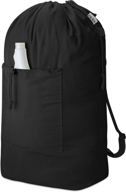 Laundry Bag Backpack, Canvas Laundry Bag with Straps & Drawstring Closure Washable Dirty Cloth Hamper Bag with Large Front Pocket for College, Travel, Laundromat, Camping (Beige)