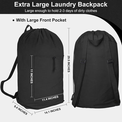 Laundry Bag Backpack, Canvas Laundry Bag with Straps & Drawstring Closure Washable Dirty Cloth Hamper Bag with Large Front Pocket for College, Travel, Laundromat, Camping (Beige)