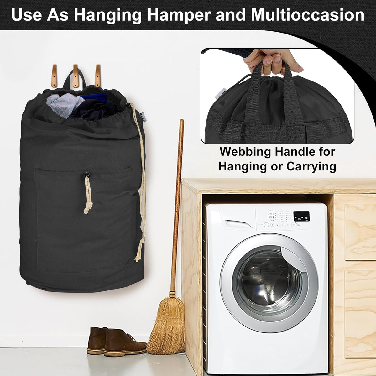 Laundry Bag Backpack, Canvas Laundry Bag with Straps & Drawstring Closure Washable Dirty Cloth Hamper Bag with Large Front Pocket for College, Travel, Laundromat, Camping (Beige)