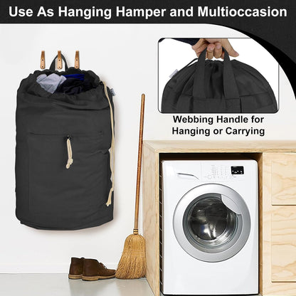 Laundry Bag Backpack, Canvas Laundry Bag with Straps & Drawstring Closure Washable Dirty Cloth Hamper Bag with Large Front Pocket for College, Travel, Laundromat, Camping (Beige)