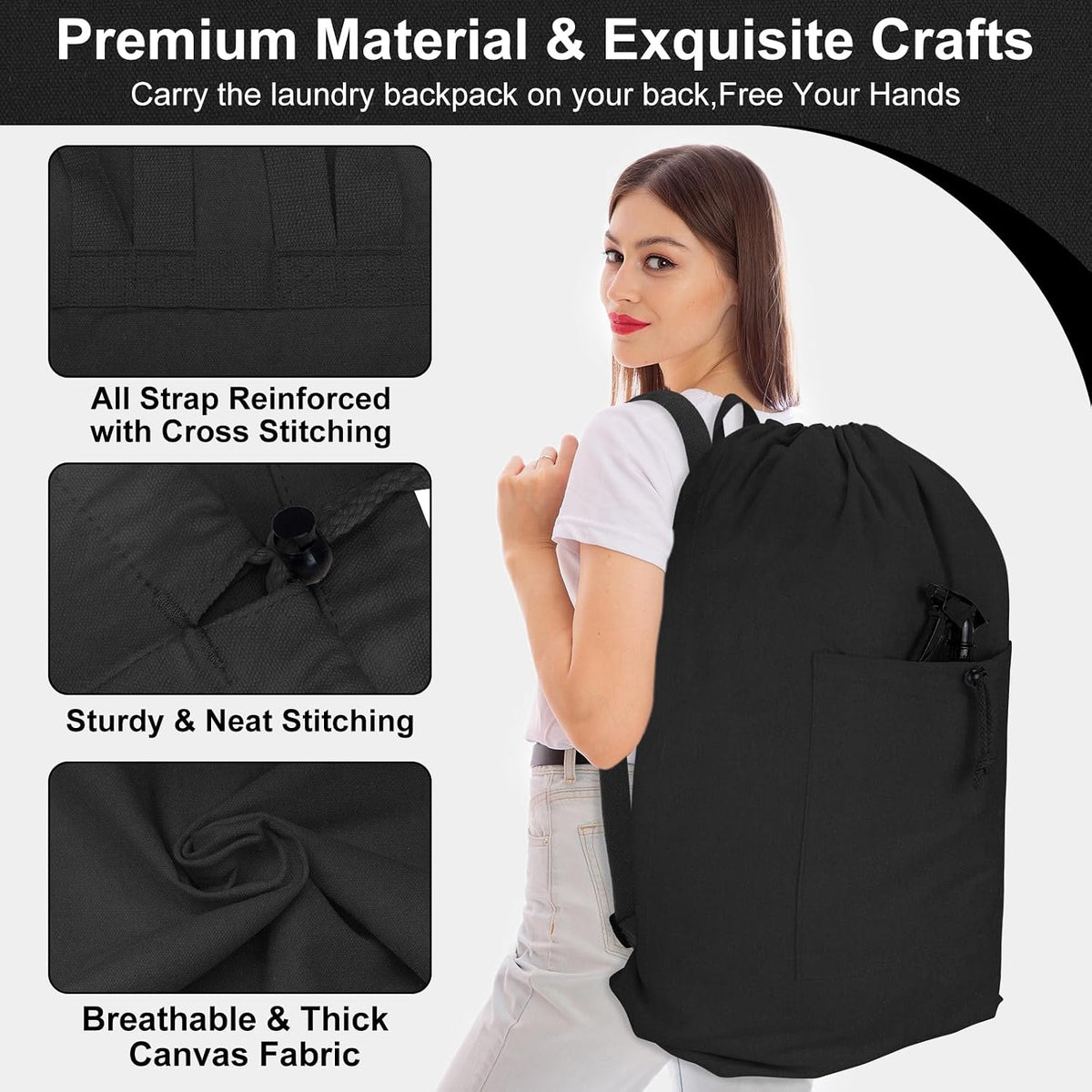 Laundry Bag Backpack, Canvas Laundry Bag with Straps & Drawstring Closure Washable Dirty Cloth Hamper Bag with Large Front Pocket for College, Travel, Laundromat, Camping (Beige)