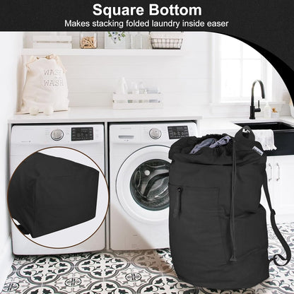 Laundry Bag Backpack, Canvas Laundry Bag with Straps & Drawstring Closure Washable Dirty Cloth Hamper Bag with Large Front Pocket for College, Travel, Laundromat, Camping (Beige)